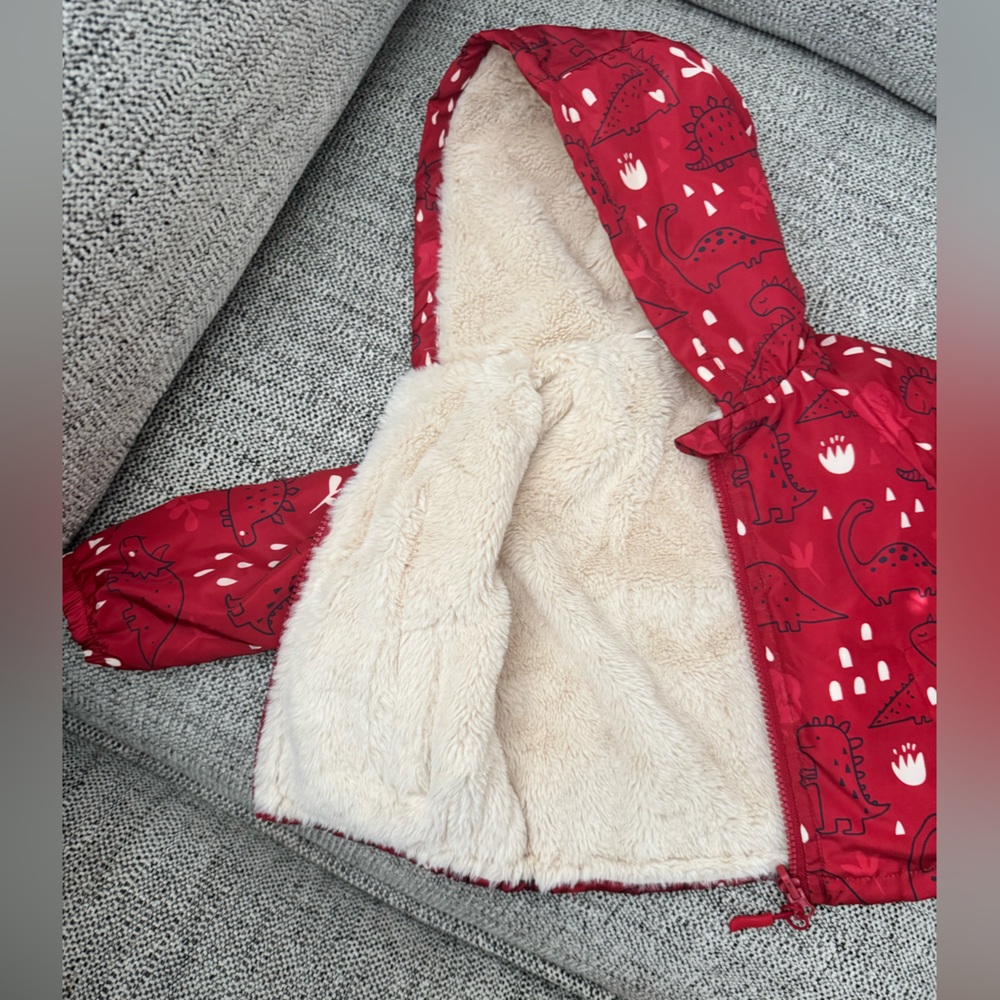 12mo Red and Cream Puffer Reversible Jacket with Plush Sherpa Lining